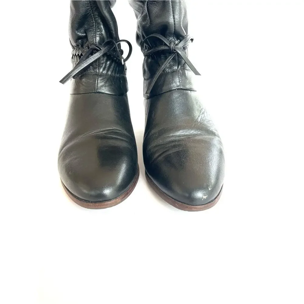 Women's Black Leather Slouch Ankle Booties with Braided Tie